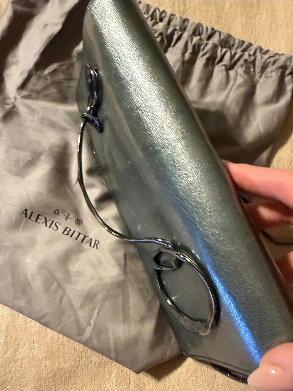 Alexis Bittar Iridescent Pewter Metallic Clutch with Black Sculptural Handle